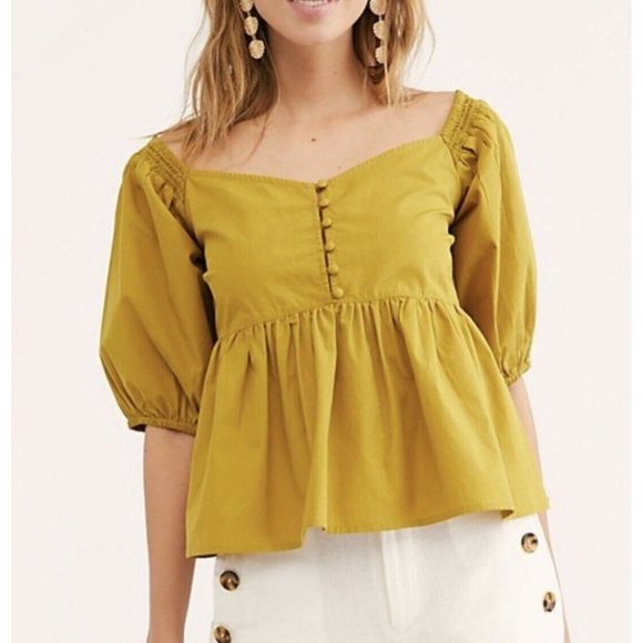 Free People Tops - FREE PEOPLE Veronica Sweetheart Top Blouse Off the Shoulder Chartreuse Sz S  EUC